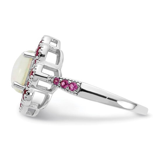 Cheryl M Sterling Silver Rhodium-plated Cabochon Lab Created Opal and Brilliant-cut Red Nano Crystal Flower Ring