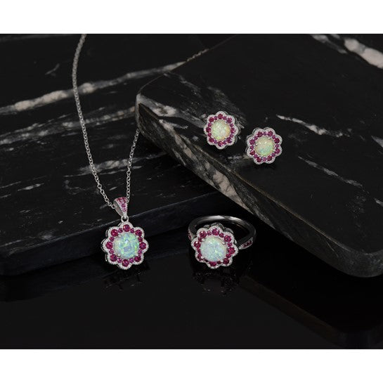 Cheryl M Sterling Silver Rhodium-plated Cabochon Lab Created Opal and Brilliant-cut Red Nano Crystal Flower Ring