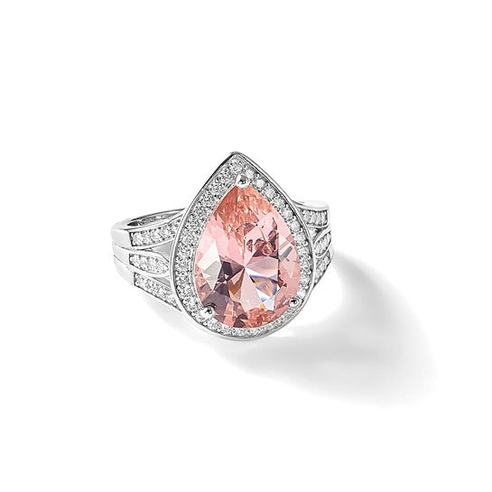 Cheryl M Sterling Silver Rhodium-plated Polished Pink Nano Crystal and CZ Teardrop Halo Ring