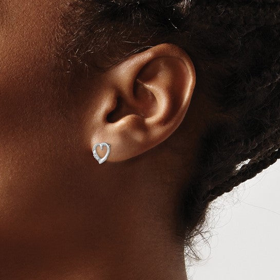 Sterling Silver Rhodium Diamond Heart Post Earrings