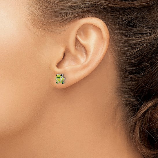 Sterling Silver Polished Enamel Frog Childs Post Earrings