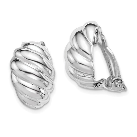Sterling Silver RH-plated Polished Non-Pierced Scalloped Oval Earrings