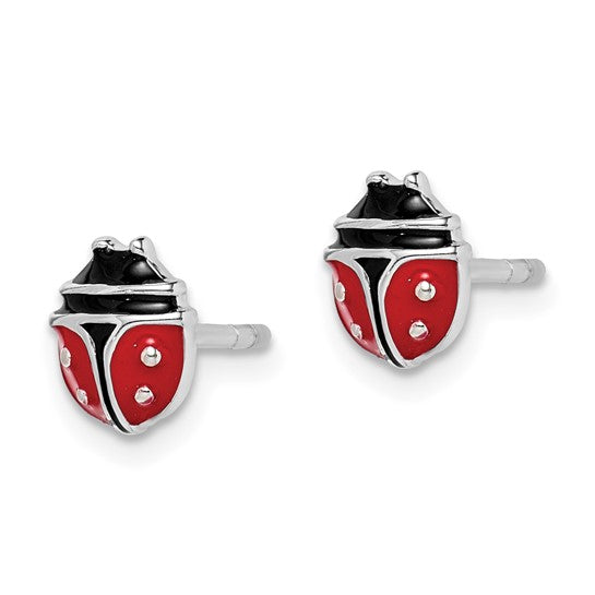 Sterling Silver Polished Red/Black Enameled Ladybug Post Earrings