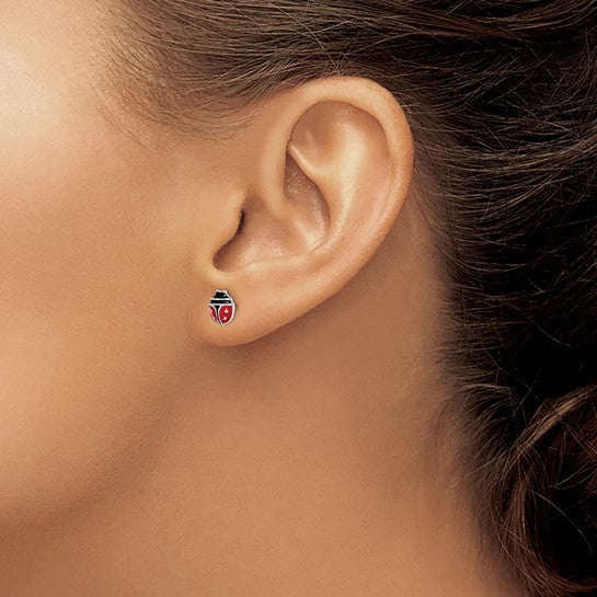 Sterling Silver Polished Red/Black Enameled Ladybug Post Earrings