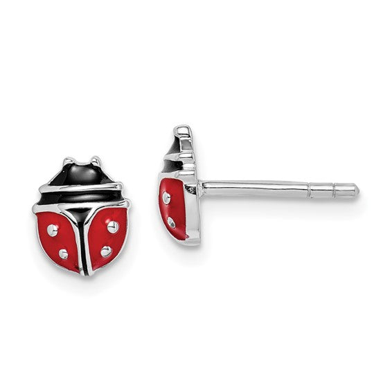 Sterling Silver Polished Red/Black Enameled Ladybug Post Earrings
