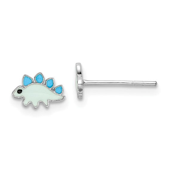 Sterling Silver Rhodium-plated Polished & Blue/Black Enameled Dinosaur Children's Post Earrings