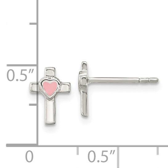 Sterling Silver Rhodium-plated Cross Pink Enamel Heart Post Earrings
