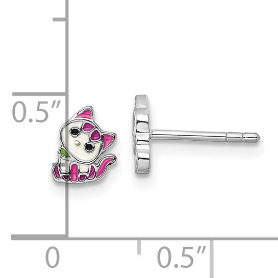 Sterling Silver Rhodium-plated Multicolor Enameled Kitty Children's Post Earring