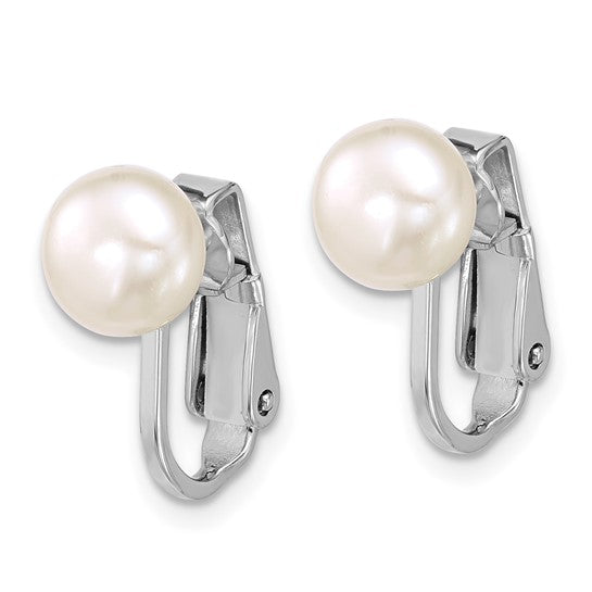 New Sterling Silver Rhodium-plated 7-8mm Button White Freshwater Cultured Pearl Non-Pierced Earrings