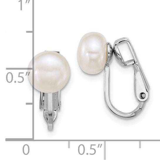 New Sterling Silver Rhodium-plated 7-8mm Button White Freshwater Cultured Pearl Non-Pierced Earrings