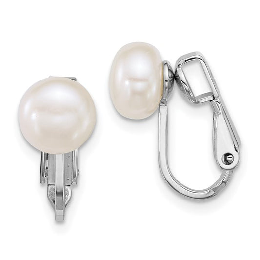 New Sterling Silver Rhodium-plated 7-8mm Button White Freshwater Cultured Pearl Non-Pierced Earrings