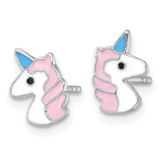 New Sterling Silver Madi K Rhodium-plated Enameled Unicorn Childrens Post Earrings