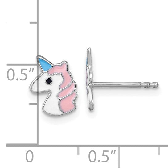 New Sterling Silver Madi K Rhodium-plated Enameled Unicorn Childrens Post Earrings