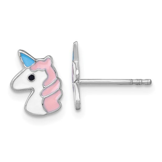 New Sterling Silver Madi K Rhodium-plated Enameled Unicorn Childrens Post Earrings