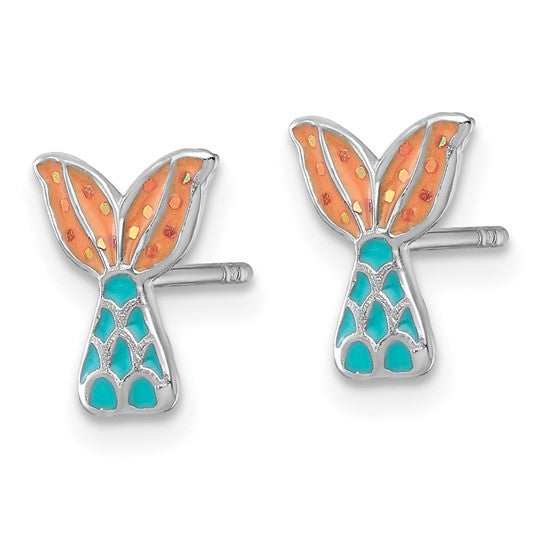 New Sterling Silver Madi K Rhodium-plated Enameled Mermaid Tail Childrens Post Earrings