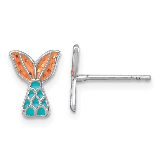 New Sterling Silver Madi K Rhodium-plated Enameled Mermaid Tail Childrens Post Earrings