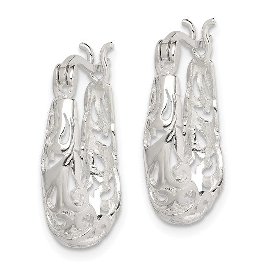 Sterling Silver Polished Filigree Oval Hoop Earrings