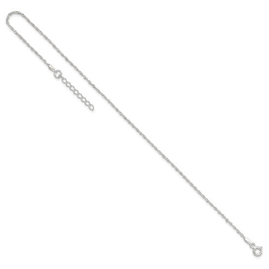 Sterling Silver 1.3mm Singapore Chain 9 inch Plus 1 inch Extender - Total 10 inch Anklet