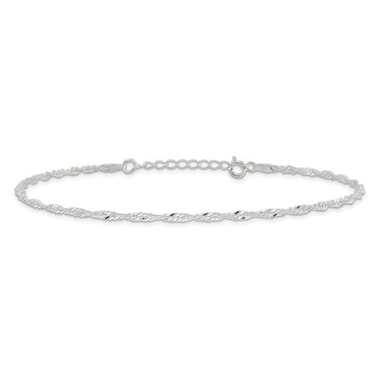 Sterling Silver 2mm Singapore Chain 9 inch Plus 1 inch Extender Chain - Total 10 inch Anklet