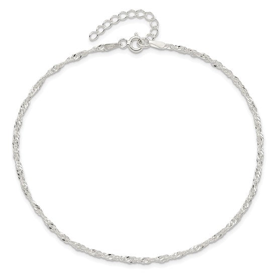 Sterling Silver 2mm Singapore Chain 9 inch Plus 1 inch Extender Chain - Total 10 inch Anklet