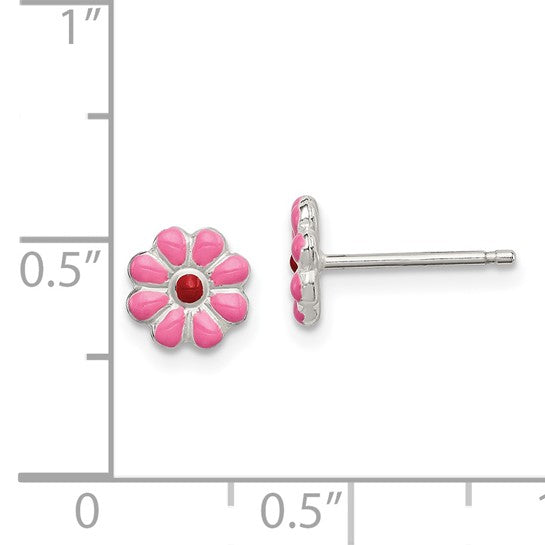 Sterling Silver Madi K Polished Pink & Red Enameled Flower Children's Post Earrings