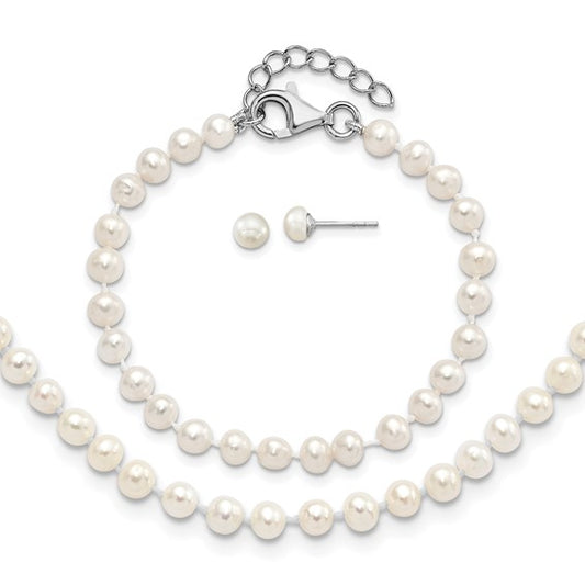 "Sterling Silver Rhodium-plated 4-5mm White Semi-Round Freshwater Cultured Pearl 14 inch Necklace, 5 inch Bracelet and Post Earrings Set"
