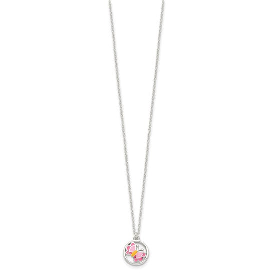 Sterling Silver Polished & Pink/Orange Enameled Butterfly Children's Earrings & 14in Necklace Set