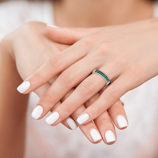 Sterling Silver Rhodium-plated Polished Green Crystal Ring
