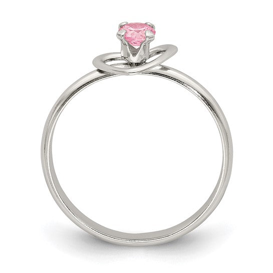 Sterling Silver Polished Pink CZ Heart Children's 15in Necklace, Size 3 Ring & Post Earrings Set