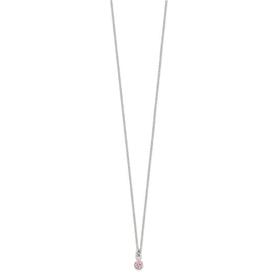 Sterling Silver Polished Pink Bezel Set CZ Children's 14in Necklace and Stud Earrings Set
