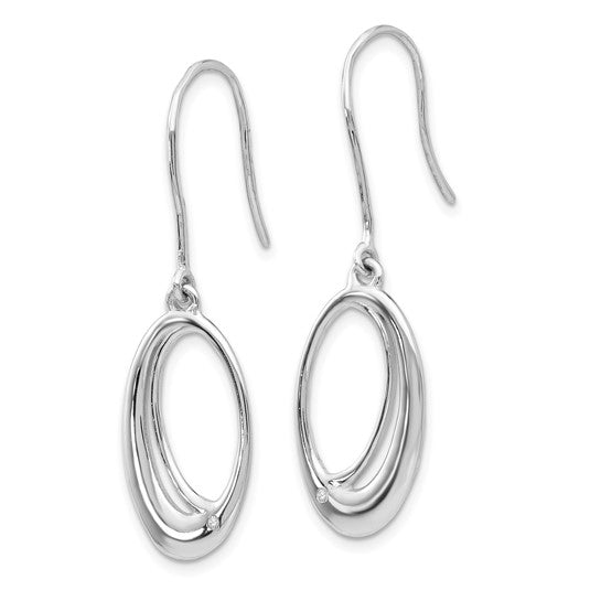 Sterling Silver Rhodium-plated Open Oval Diamond Shepherd Hook Dangle Earrings
