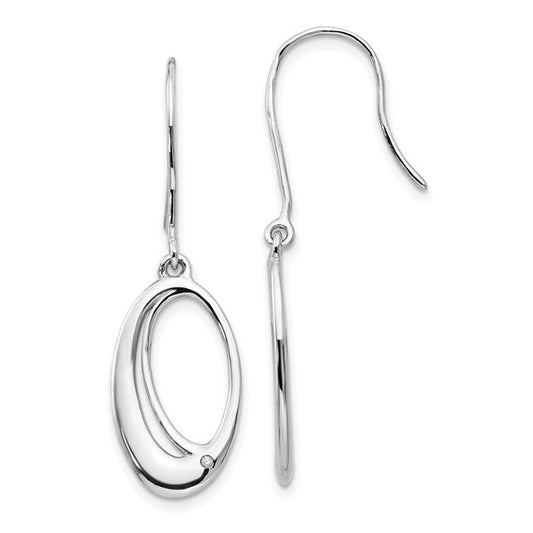Sterling Silver Rhodium-plated Open Oval Diamond Shepherd Hook Dangle Earrings