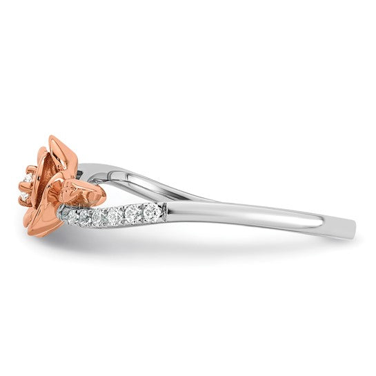 14k Two-tone Complete Diamond Rose With Leaves Promise Ring