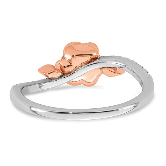 14k Two-tone Complete Diamond Rose With Leaves Promise Ring
