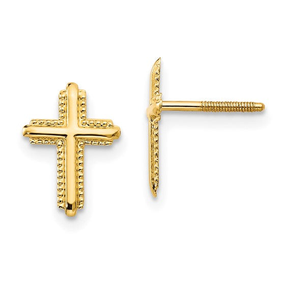 14k Madi K Cross Childrens Silicone Comfort Screwback Post Earrings