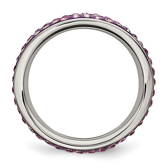 Stainless Steel 4mm Polished Light Purple Crystal Wavy Ring