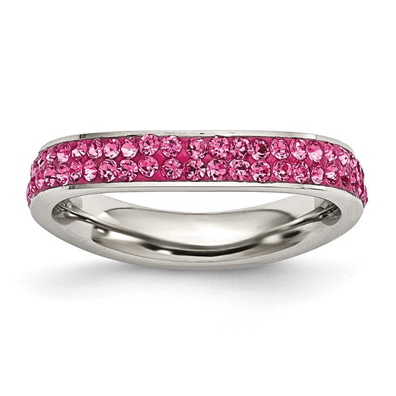 Stainless Steel 4mm Polished Pink Crystal Ring